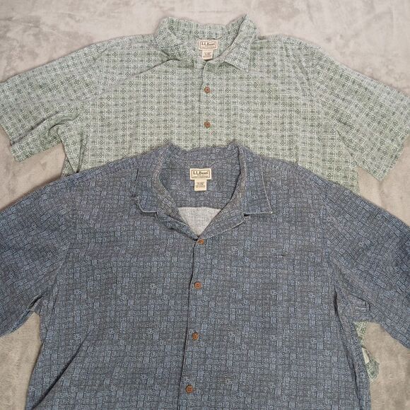 Lot Of 2 LL Bean Shirt Mens XL Loop Collar Bamboo Buttons Camp Aztec Inca Tribal - Picture 1 of 10